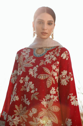 3pc Linen Embroidered UnStiched Dress With Printed Wool Shawl D-340