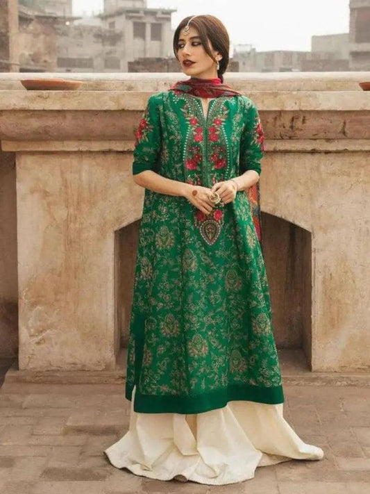3pc Mareena Embroidered UnStiched Dress With Printed Wool Shawl D-218